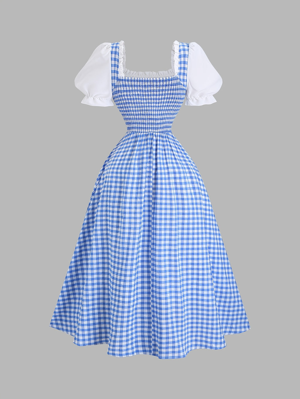 Vintage Plaid Patchwork Women's Dress, Summer Dress, Vacation Outfit, Summer Women's Wear, Suit Style Women's Dress, Country Style, Beach Vacation Outfit, Bohemian Style Women's Dress, Easter Dress, Old Money Style, Fashionable Elegant Beautiful - Blue And White