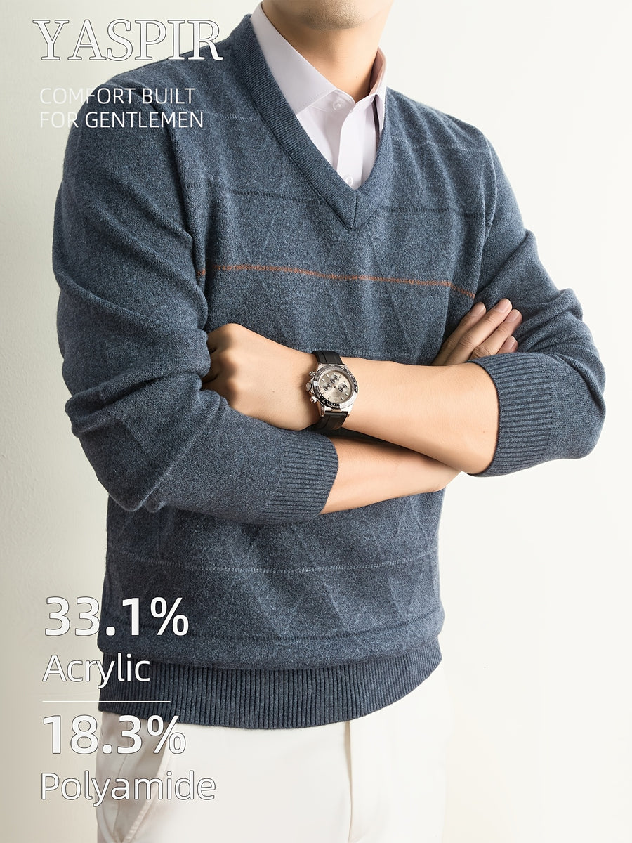 Autumn Winter Men'S Knit Pullover Sweater, Classic V-Neck Striped Design, Easy Casual Old Money Style Warm And Cold-Resistant, Suitable for Daily Commute, Leisure, Sports, Outdoor Camping, Hiking, Fishing, Holiday Gift for Father Or Husband - Blue