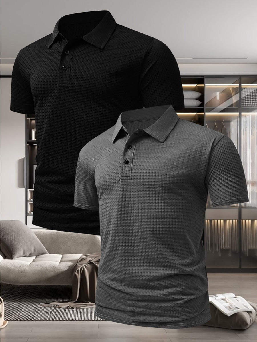 Men'S Stylish Casual Short-Sleeve Polo Shirt, Available in a 2-pc at a Discount! Comfortable T-Shirt Made from New Jacquard Quick-Dry Fabric, Perfect for Outdoor Equestrian And Golf Activities. Fashionable Casual Wear - Black+Grey