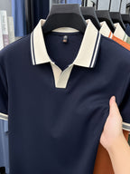 [Shule Water OBM] Summer Men'S Short Sleeve T-Shirt, Contrast Striped Cool Business Casual Versatile Top, Mid-Age Men'S Short Sleeve Collared Polo Shirt (72616) - created-sapphire