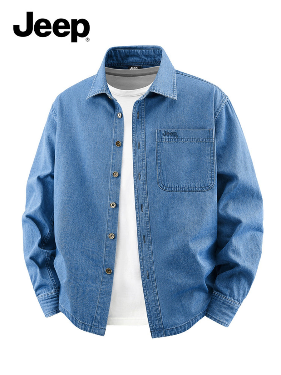 Jeep Men'S Collared Long Sleeve Denim Shirt, Loose Workwear Shirt with Washed Texture And Embroidered Chest Pocket Logo, Wear-Resistant Wrinkle-Resistant Casual Jacket for Camping, Road Trips in Spring And Autumn, Suitable for Outerwear Or Layering - Dark Blue 1