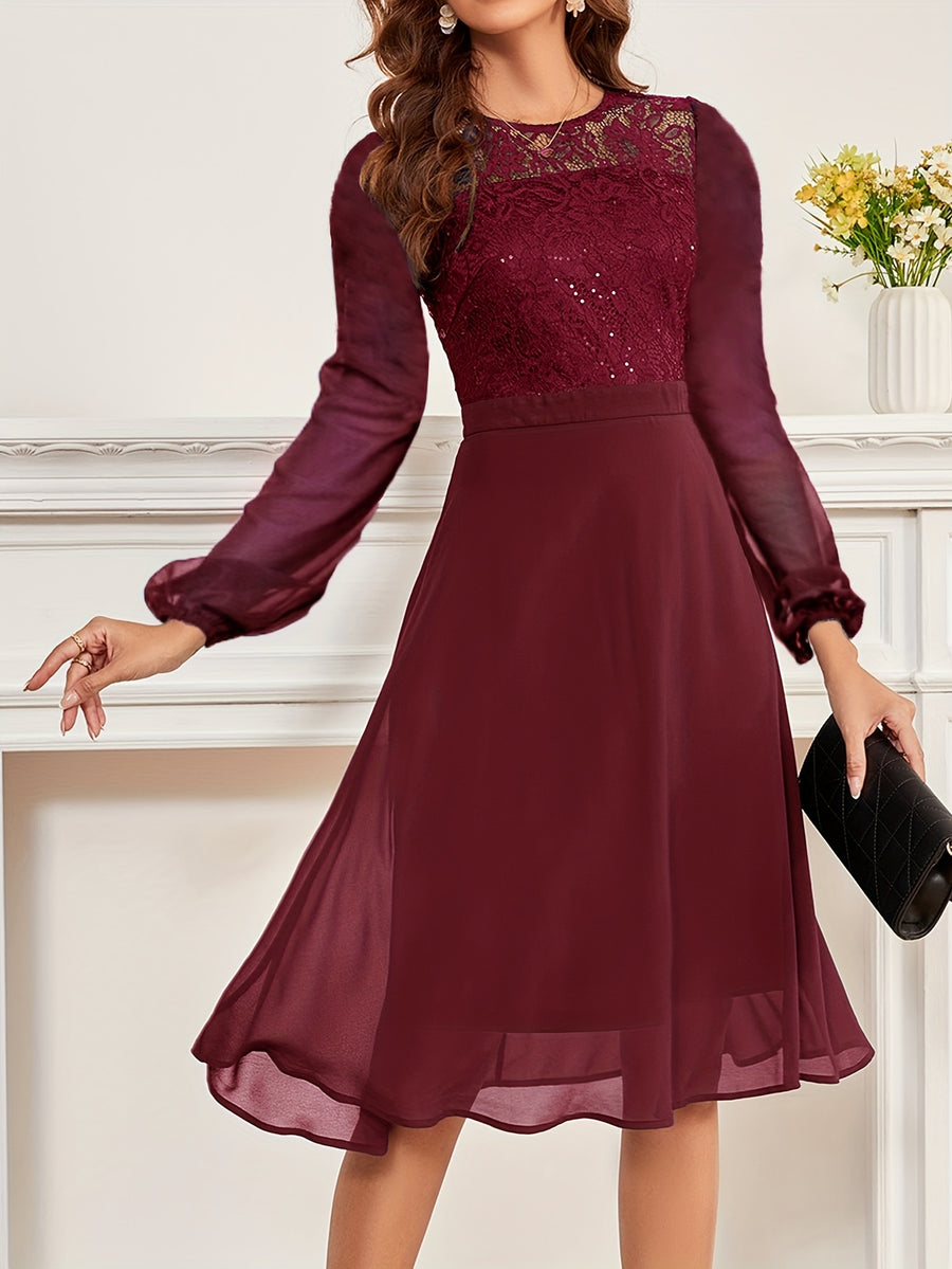 Women's Wedding Bridesmaid Dress, Chiffon Sequin Lace Long Sleeve Midi Cocktail Dress - Burgundy