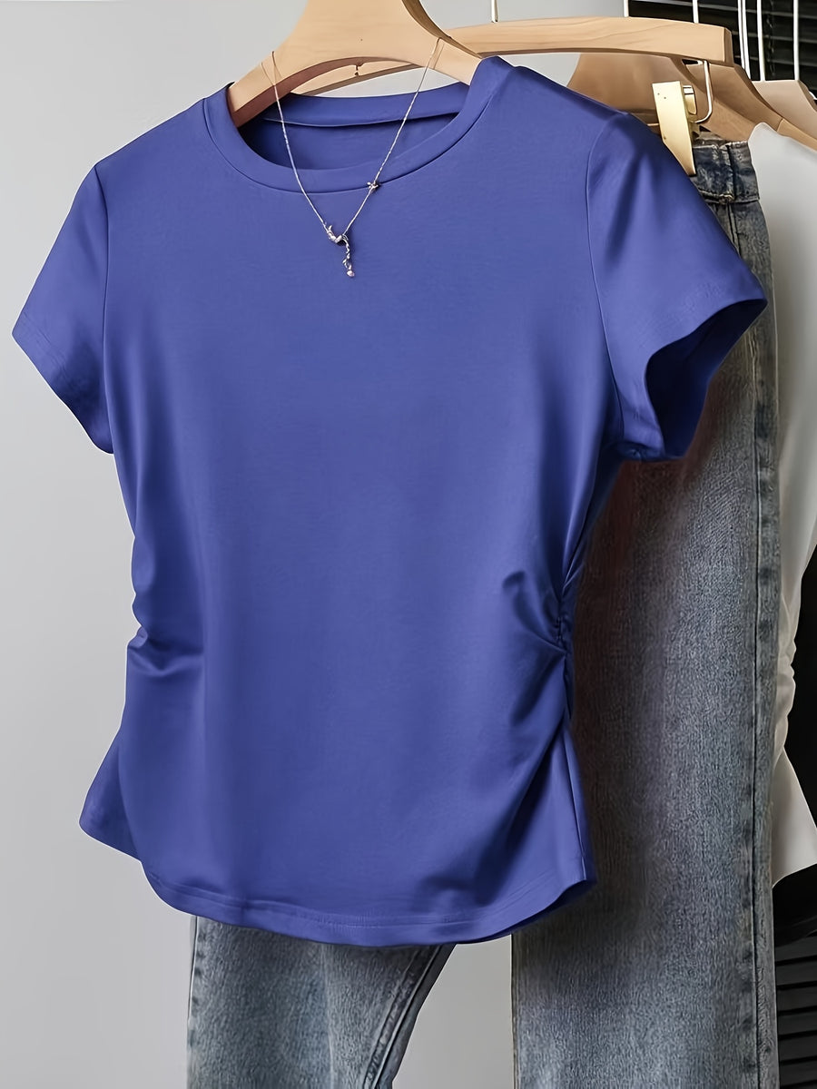Summer: Regular Shoulder Slim-Fit Irregular T-Shirt with Ruched Curved Waistline for a Effect - Blue
