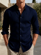 [Qiaoximei OBM] Men'S Clothing New Stand-Collar Solid Color Long Sleeve Shirt, Easy Stand-Collar Design, Spring Autumn Winter High-Quality Men'S Long Sleeve Button-Up Shirt - Suitable for Outdoor Leisure Vacation Travel Formal - Navy Color