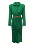 Spring/Autumn Long Sleeve Lapel Elegant Fashion Versatile Ruched Dress with Belt, Women'S - Green