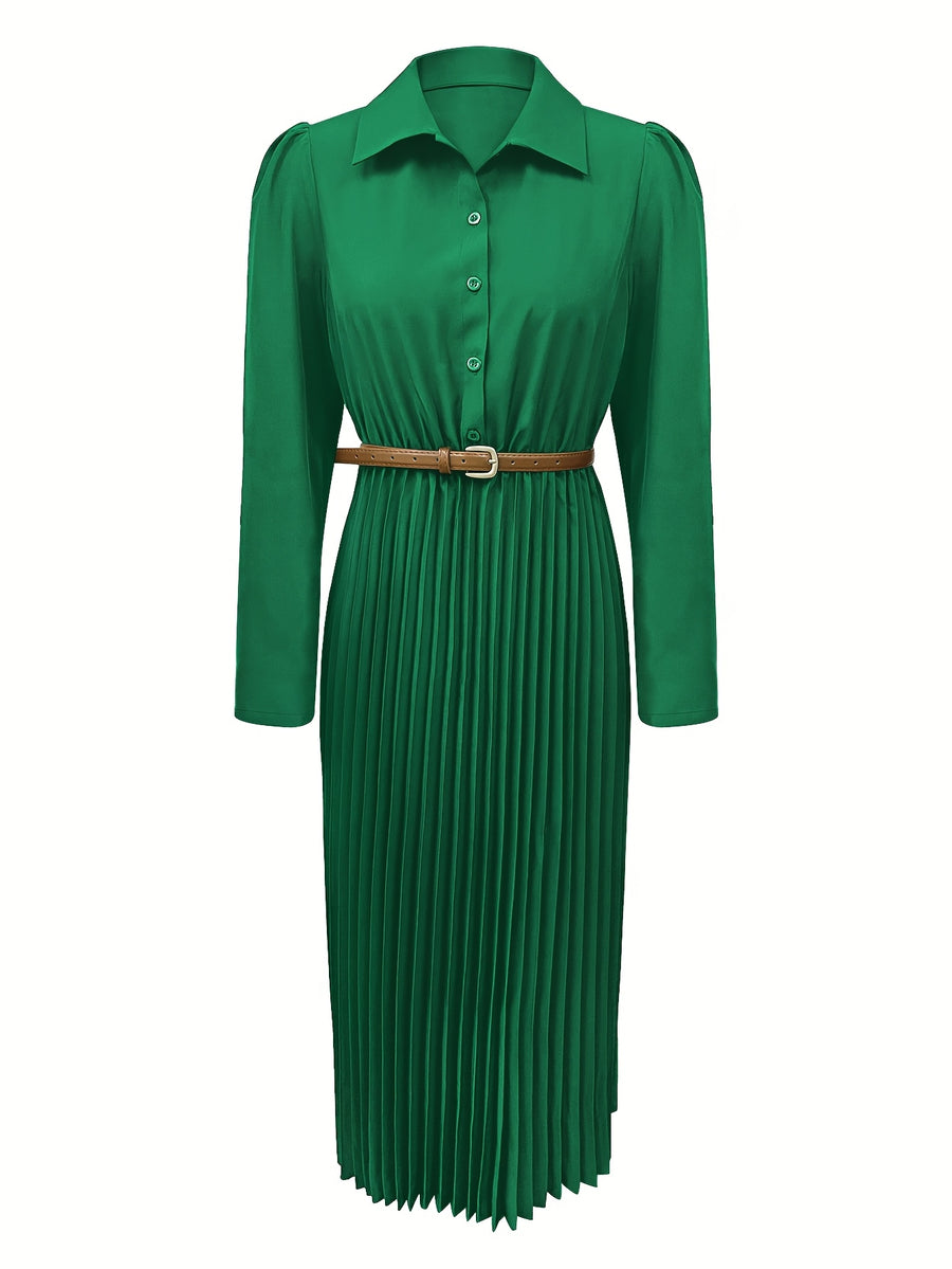 Spring/Autumn Long Sleeve Lapel Elegant Fashion Versatile Ruched Dress with Belt, Women'S - Green