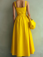 Simple Style Sleeveless Waist-Cinching Dress for Women, Summer Maxi Flared Bridesmaid Dress Gown - Yellow