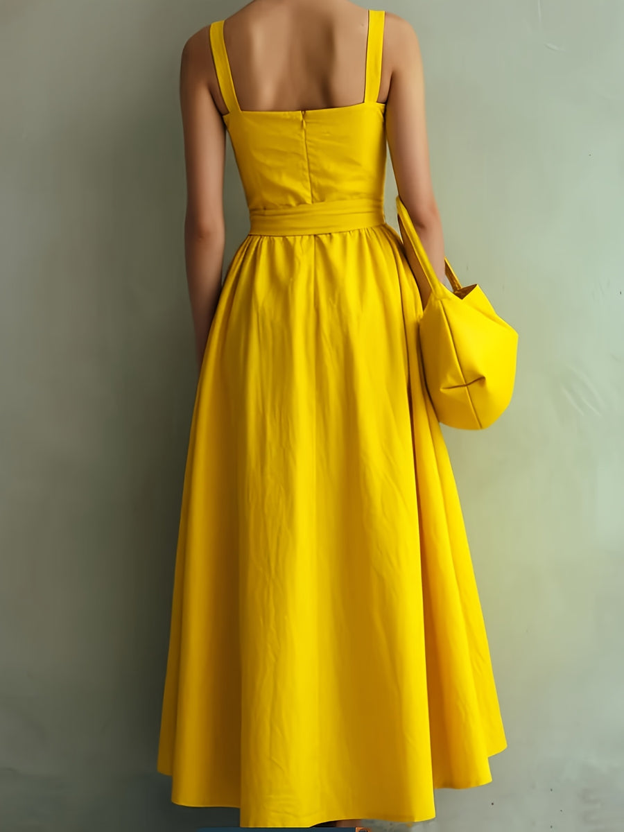 Simple Style Sleeveless Waist-Cinching Dress for Women, Summer Maxi Flared Bridesmaid Dress Gown - Yellow