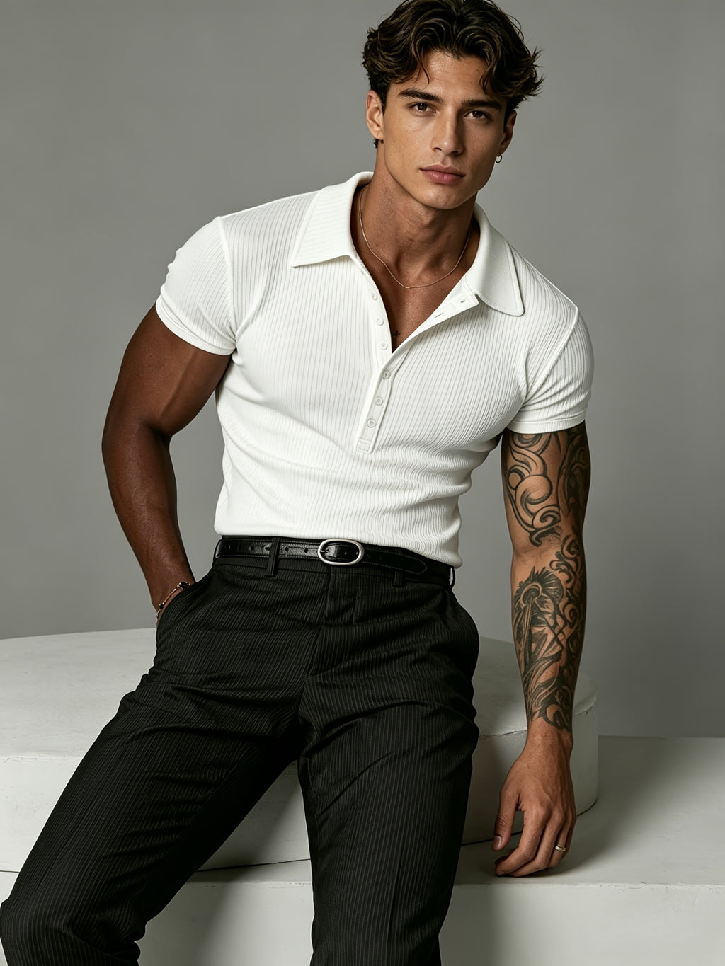 [Josh Mei OBM] 2026 Light Business Men'S White Textured Polo Short Sleeve Vertical Ribbed Henley Half-Button Collar Short Sleeve Stretch Slim Commute Date Versatile Top - White