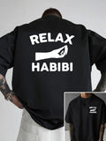 Men's Drop-Shoulder T-Shirt, RELAX HABIBI, Arabic Double-Sided Print Men's Loose Fit T-Shirt, New Trendy Style Men's Apparel, 1pc Men's Essential Front and Back Print Fashionable Short-Sleeve Tee, for Daily Casual and Sports Wear - Black
