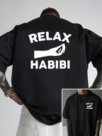 Men's Drop-Shoulder T-Shirt, RELAX HABIBI, Arabic Double-Sided Print Men's Loose Fit T-Shirt, New Trendy Style Men's Apparel, 1pc Men's Essential Front and Back Print Fashionable Short-Sleeve Tee, for Daily Casual and Sports Wear - Black