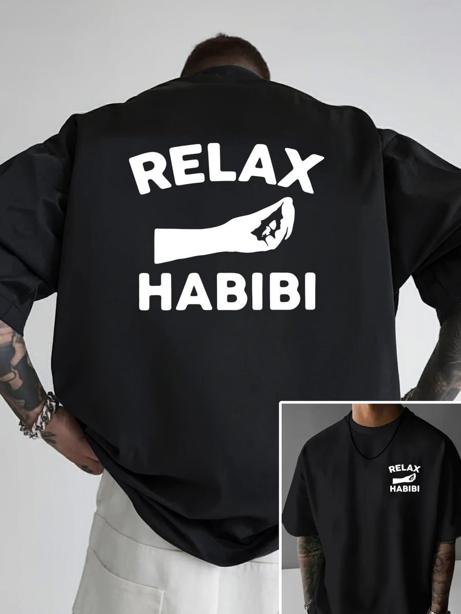 Men's Drop-Shoulder T-Shirt, RELAX HABIBI, Arabic Double-Sided Print Men's Loose Fit T-Shirt, New Trendy Style Men's Apparel, 1pc Men's Essential Front and Back Print Fashionable Short-Sleeve Tee, for Daily Casual and Sports Wear - Black