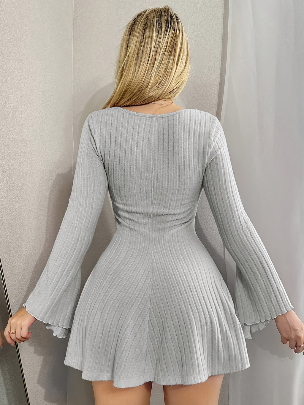 Bodycon Dress, Square Neck Tie Ruffled Sleeve Short Skirt Purely Sexy Style - Space Gray