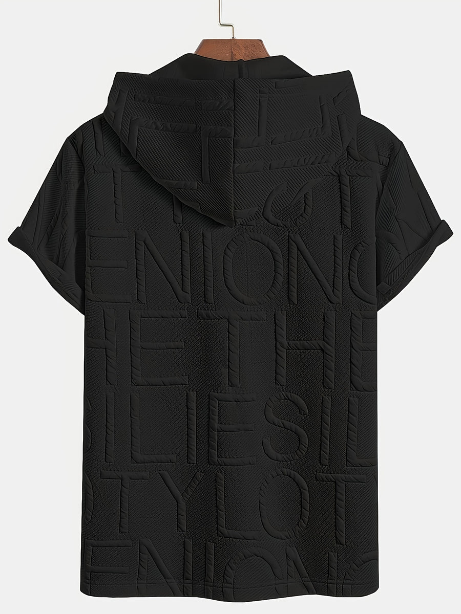 Men'S Short-Sleeved, Letter Print Hooded T-Shirt, Comfortable And Breathable with Zipper Short Sleeves, with Kangaroo Pocket Suitable for Outdoor Adventures, The Best Gift for Family - Black