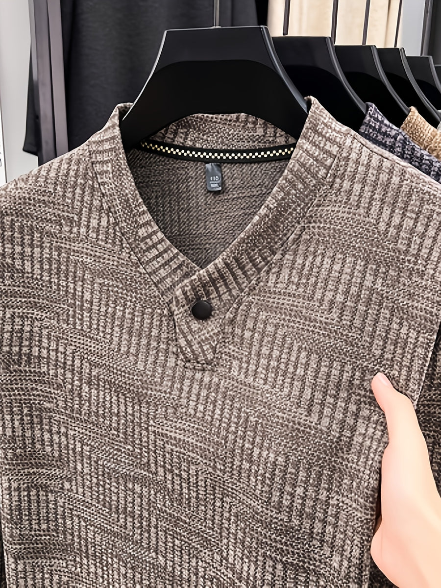 Men's Henley Collar Single-Button Long-Sleeve T-Shirt, Textured Jacquard Knit Top, Spring/Autumn Business Casual Daily Commute Base Layer Shirt - Coffee Color