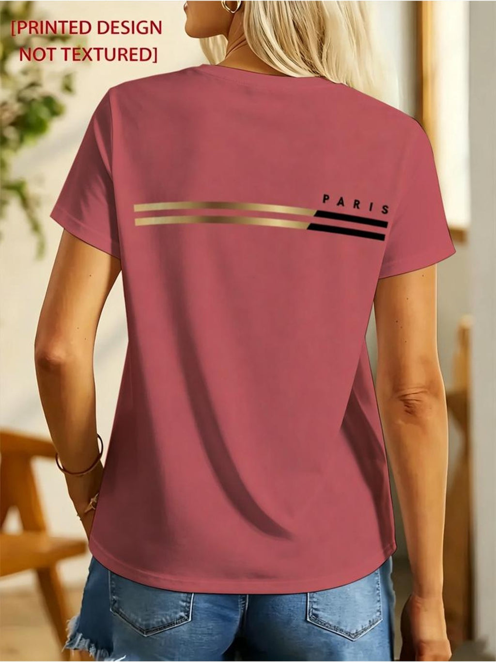 Printed Design - Not Textured New Women'S Easy Golden Striped PARIS Letter Print Short Sleeve T-Shirt Casual Daily Item - Mixed colors