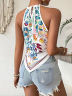 Women's Lightweight 100% Polyester Asymmetrical Halter Neck Top - Vibrant Botanical Print Sleeveless Shirt for Summer Vacation, Beach & Casual Outings - Multicolor