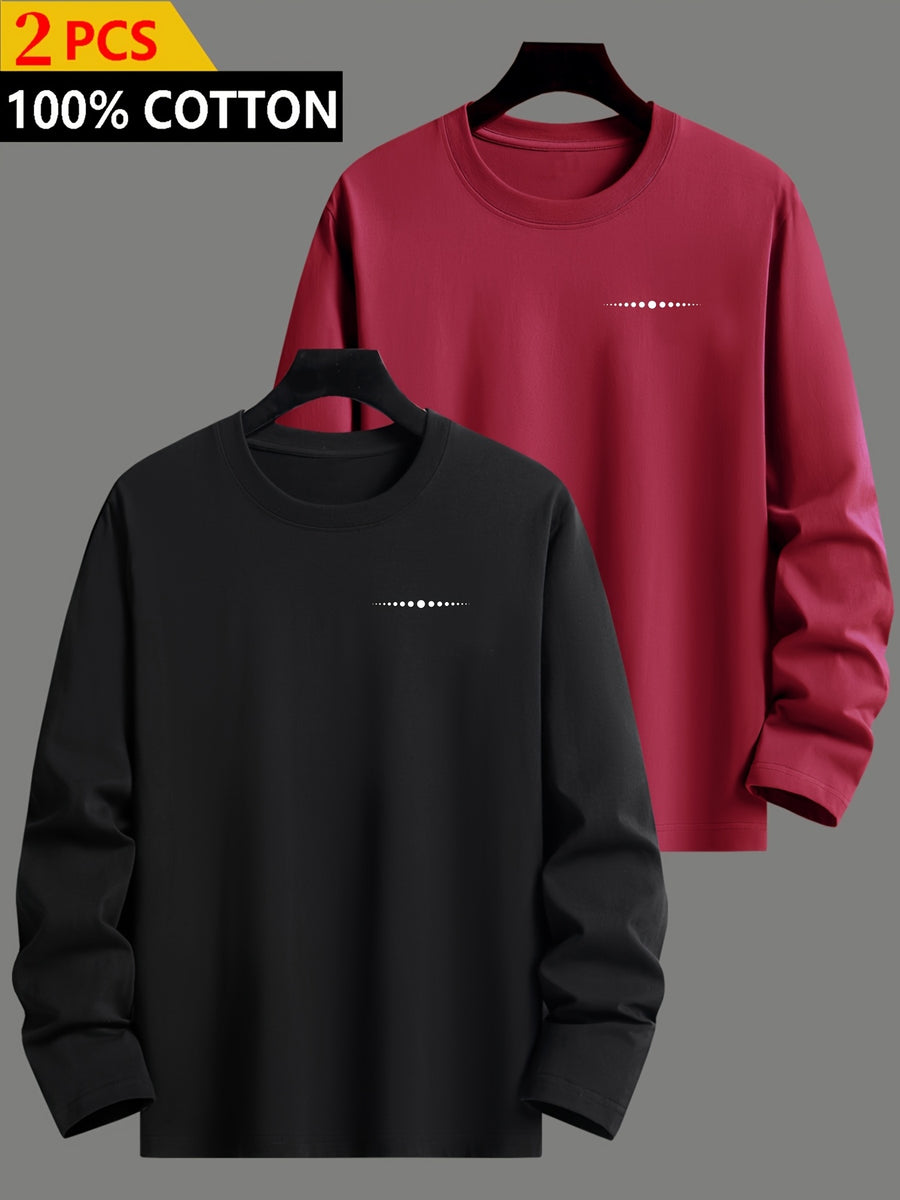 2pcs Set, 100%, Spring/Autumn Long Sleeve Men'S T-Shirt, Easy Fashion Pattern, Round Neck Base Layer, Easy Fashion Fit, Casual Outing Essential, Machine Washable - Mix Color 7