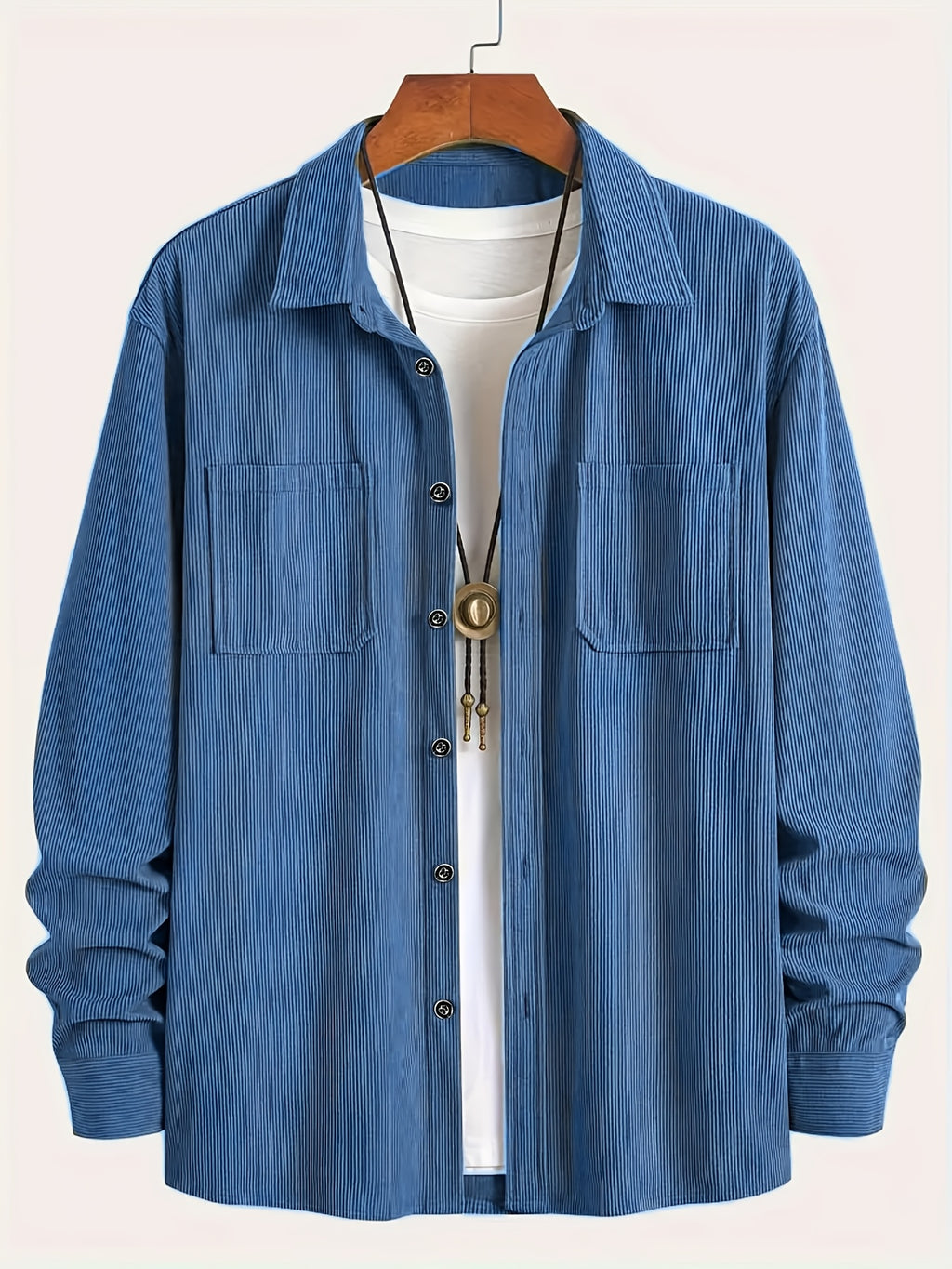 Men's Corduroy Shirt, New Spring/autumn/winter Men's Shirt Jacket, Lapel Collar with Solid Color Snap Button Design, Suitable for Casual Style - Blue