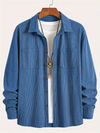 Men's Corduroy Shirt, New Spring/autumn/winter Men's Shirt Jacket, Lapel Collar with Solid Color Snap Button Design, Suitable for Casual Style - Blue