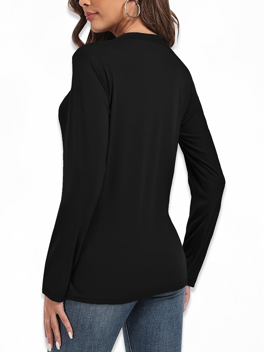 3pcs Long Sleeve Solid Color Women'S T-Shirts, Casual Holiday Outing Versatile Fall Winter Top Round Neck - 2 Black + 1 Red
