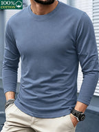 100% T-shirt, New Spring/Autumn Long-Sleeve T-shirt, Men's Sporty Casual Wear, Stylish and Versatile Top - Sky Blue