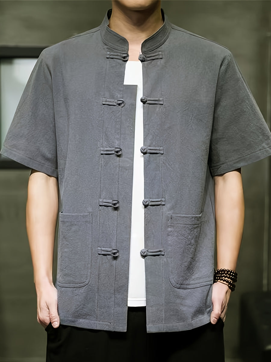 New Men's Short-sleeved Casual Shirt, Comfortable Pure Cotton, Chinese Knot Button, Tang Suit Style Top, Stand Collar, Ethnic Style, Hanfu, Simple and Versatile Men's Shirt - Grey