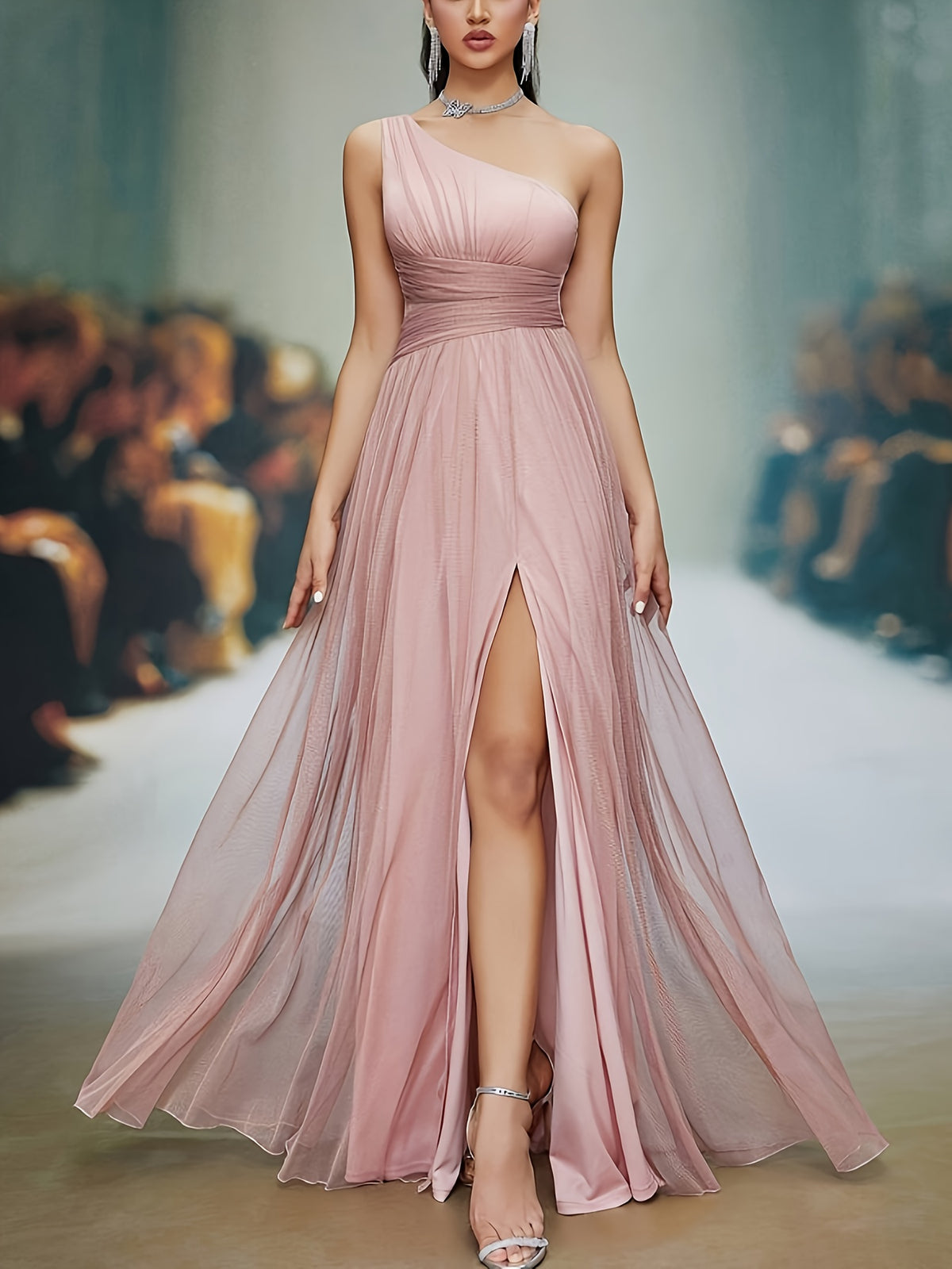 Elegant Directional Pleated Slit Evening Gown, Women'S Evening Dress, Party Dress, Graceful Dress, Unique Design, Exquisite Fabric, Long Dress, Formal Wear, Women'S Fashion - Pink Color