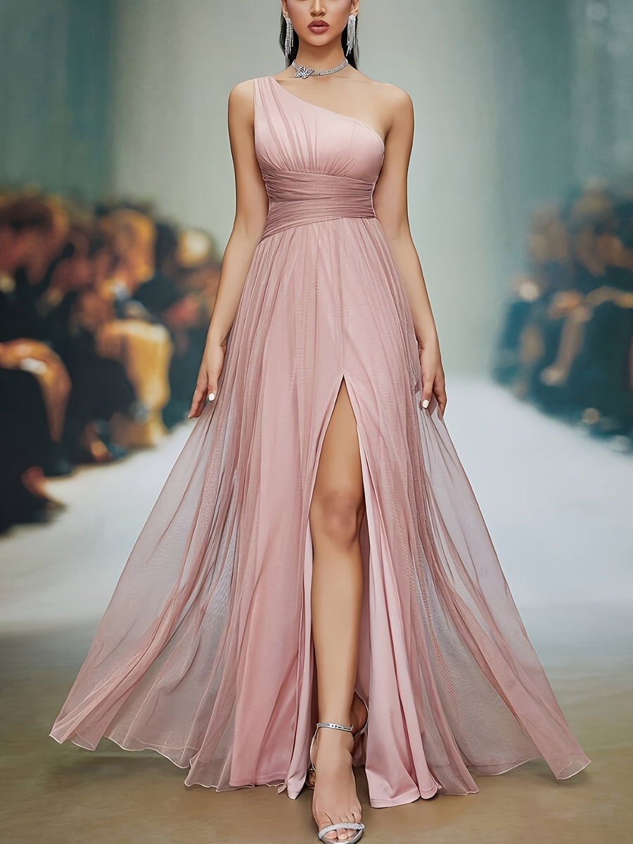 Elegant Directional Pleated Slit Evening Gown, Women'S Evening Dress, Party Dress, Graceful Dress, Unique Design, Exquisite Fabric, Long Dress, Formal Wear, Women'S Fashion - Pink Color