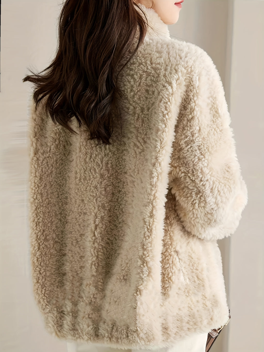 Solid Color Zipper Plush Jacket - Khaki