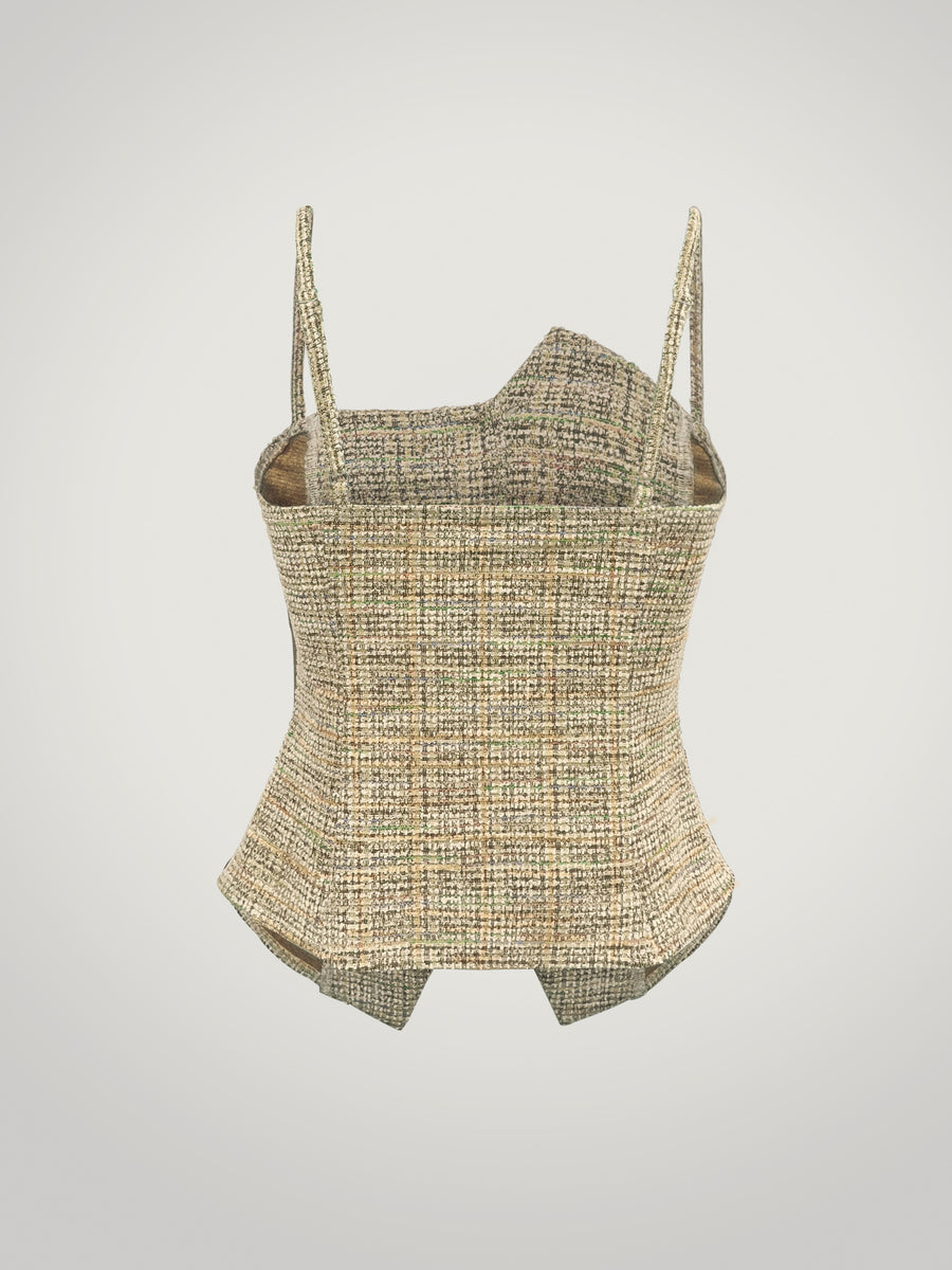 Stretch Jacquard Classic Elegant Style, Asymmetrical Button Placket Design, Fashionable and Versatile Casual Cinched Waist Camisole Tank Top - ginger-colored