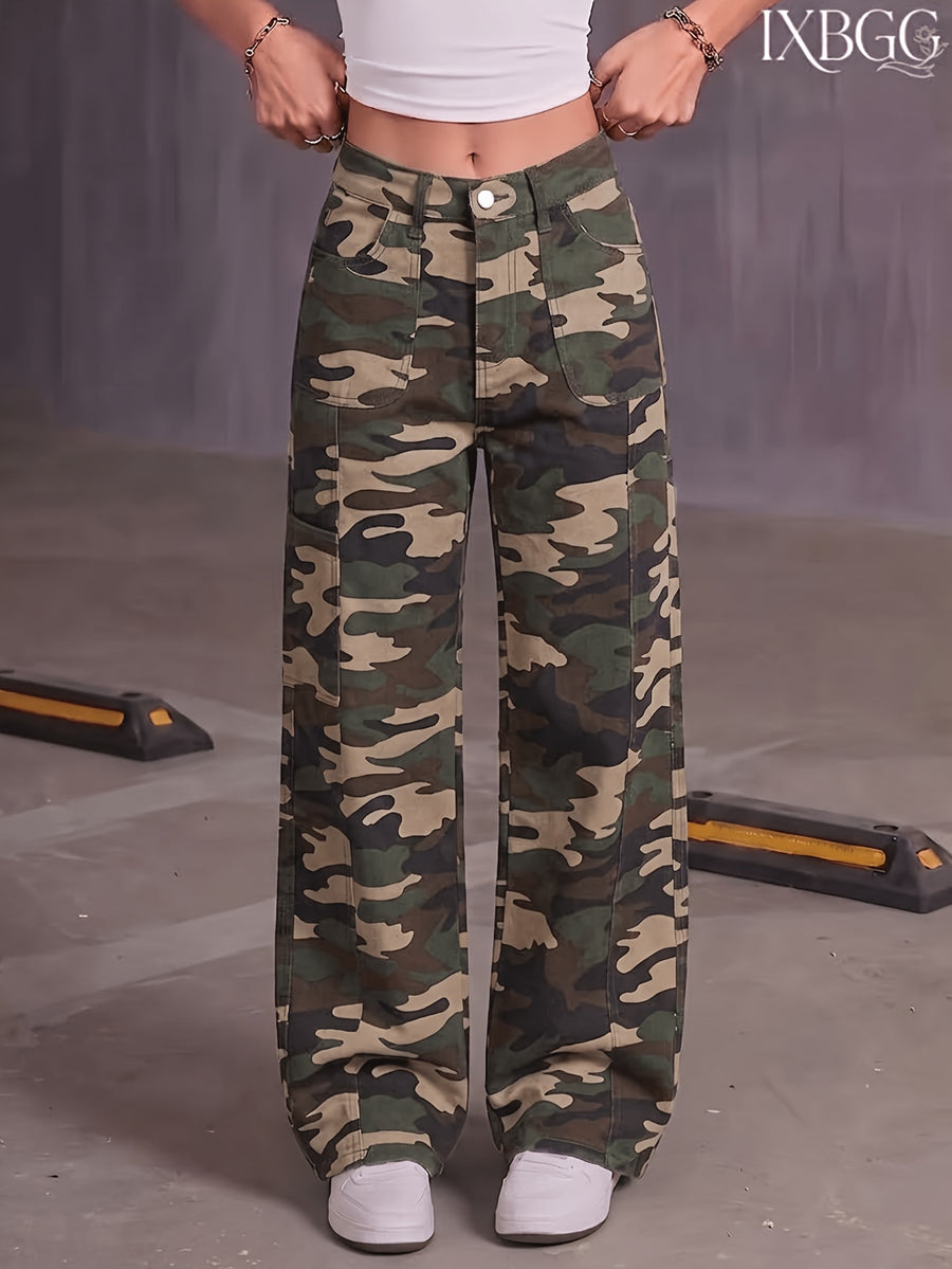 Camouflage Washed Denim Long Pants with Square Pockets, Women's Workwear Multi-Pocket Elastic Waist Camouflage Jeans, Ladies' Stretch Vintage Versatile Casual Fashionable Elegant Mid-Waist Machine Washable Durable Multi-Functional Camouflage Print - fern green