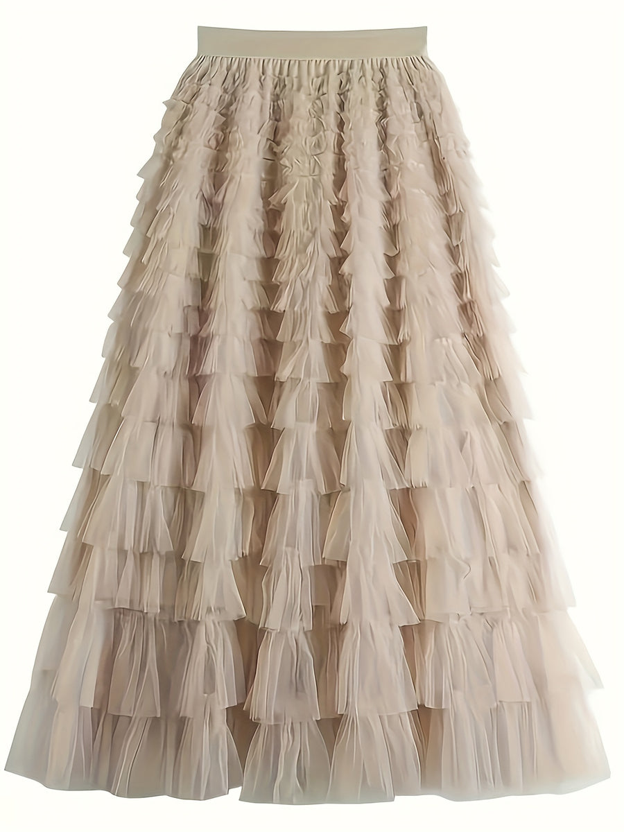 Elegant Mesh Long Cake Skirt with Elastic Waist - Apricot