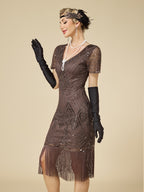 1920S Vintage Sequin Skirt Gatsby Ball Fringe Dress Party Evening Dance Dress Sequined Gown (Dress Solely, No Gloves) - Coffee Color