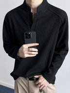 Men'S Korean Style Clean Texture Stand Collar Long Sleeve T-Shirt, Soft And Breathable Drop Shoulder Solid Color Casual Pullover, Suitable for Spring/Autumn Campus Shopping Short Trips - Black