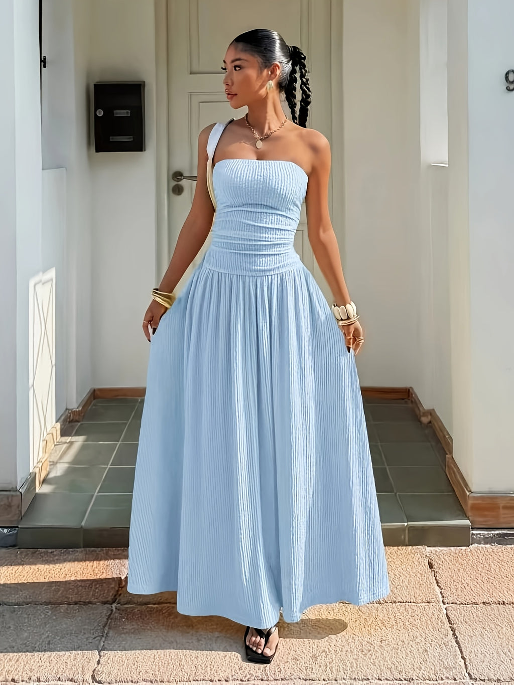 Temperament Off-Shoulder Dress, Casual Outing And Date Seaside Vacation Style Long Dress - Light Blue