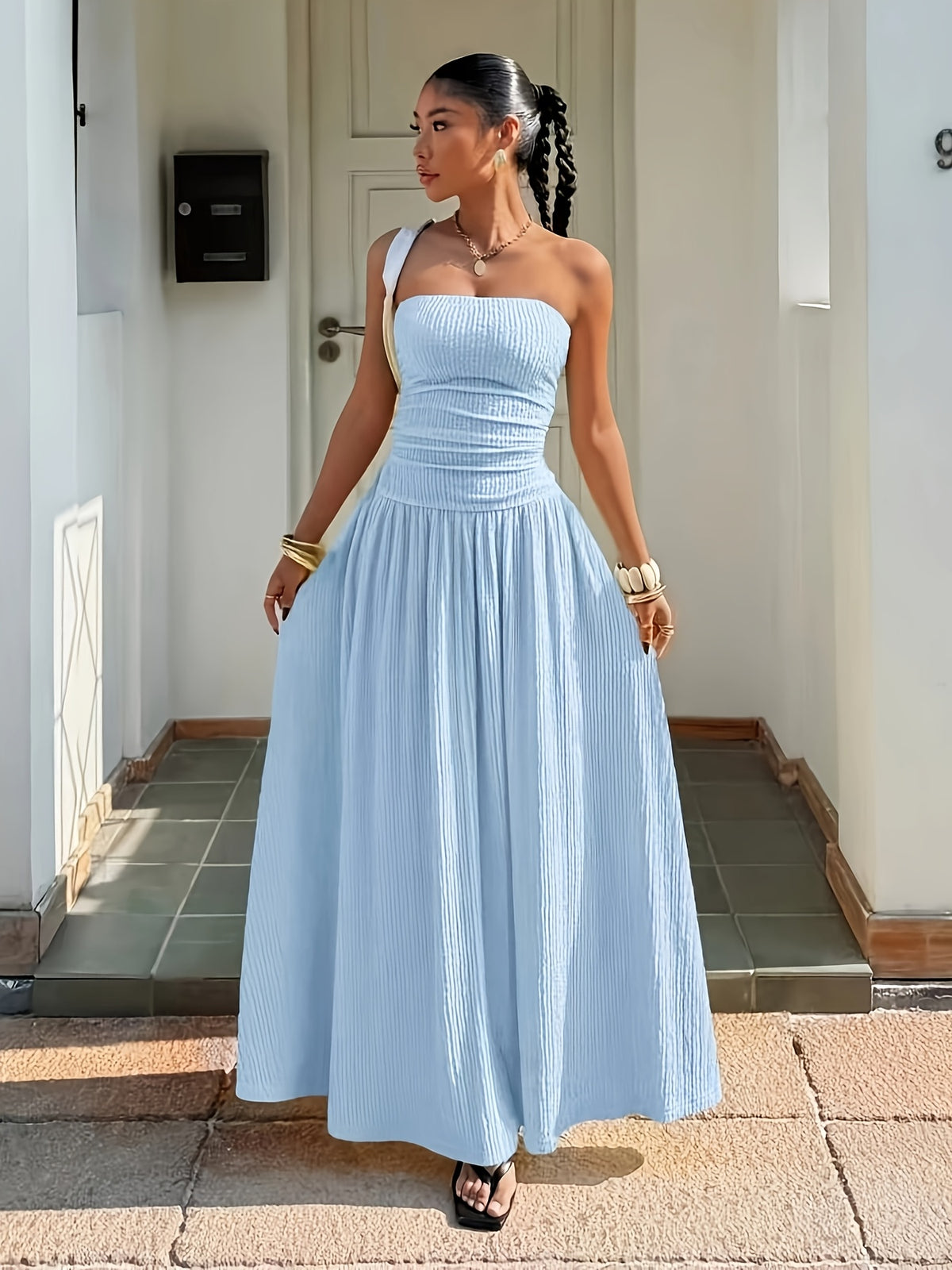 Temperament Off-Shoulder Dress, Casual Outing And Date Seaside Vacation Style Long Dress - Light Blue
