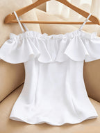 Women's Summer Casual Solid Color Off-Shoulder Ruffle Camisole Tank Top - White