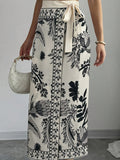 Women's Elegant Floral Print Wrap Tie Straight Skirt, Vacation Style - Apricot