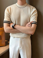 Short-Sleeved Breathable High-Quality Black Knitted Color-Blocked Fitted Men'S Top with a Round Neck And Elasticity - Apricot
