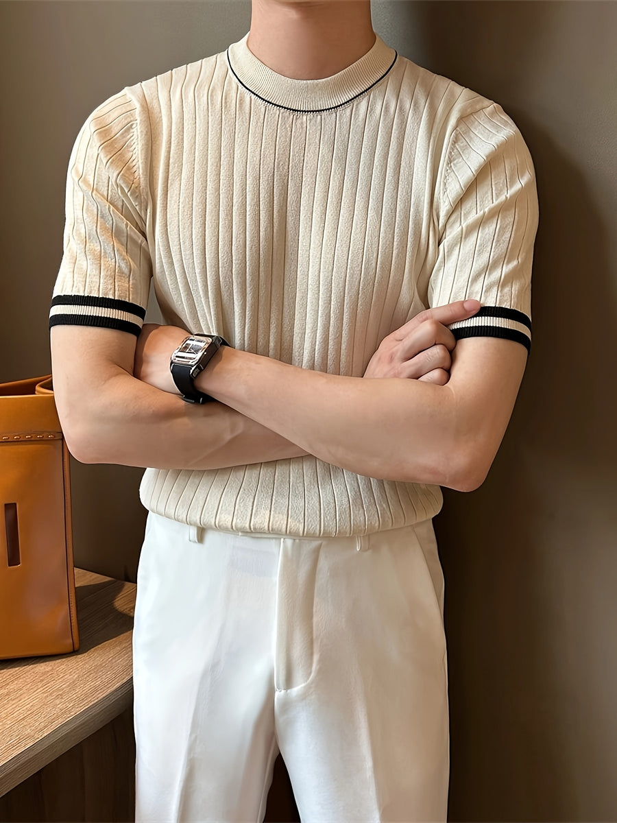 Short-Sleeved Breathable High-Quality Black Knitted Color-Blocked Fitted Men'S Top with a Round Neck And Elasticity - Apricot