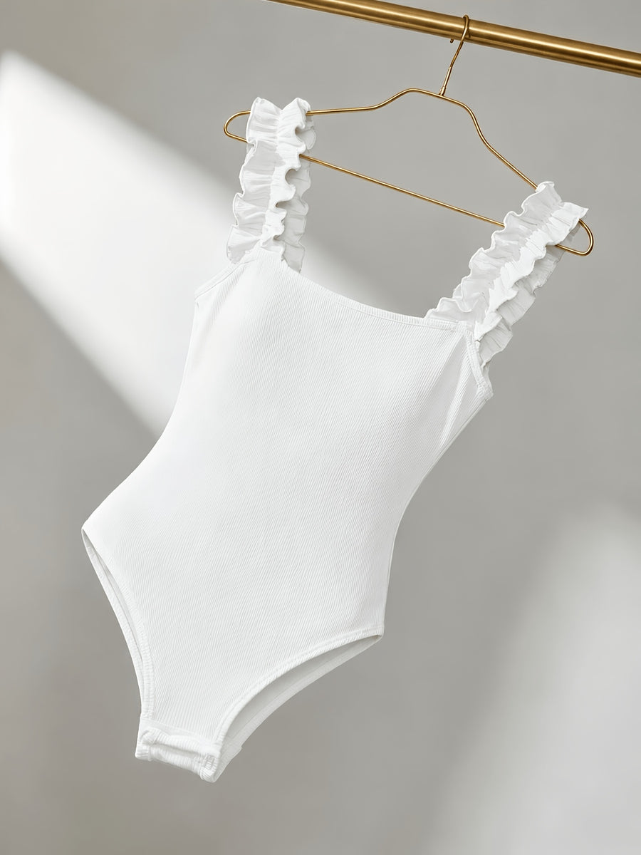 Solid Color Pleated Thin Strap Bodysuit - White