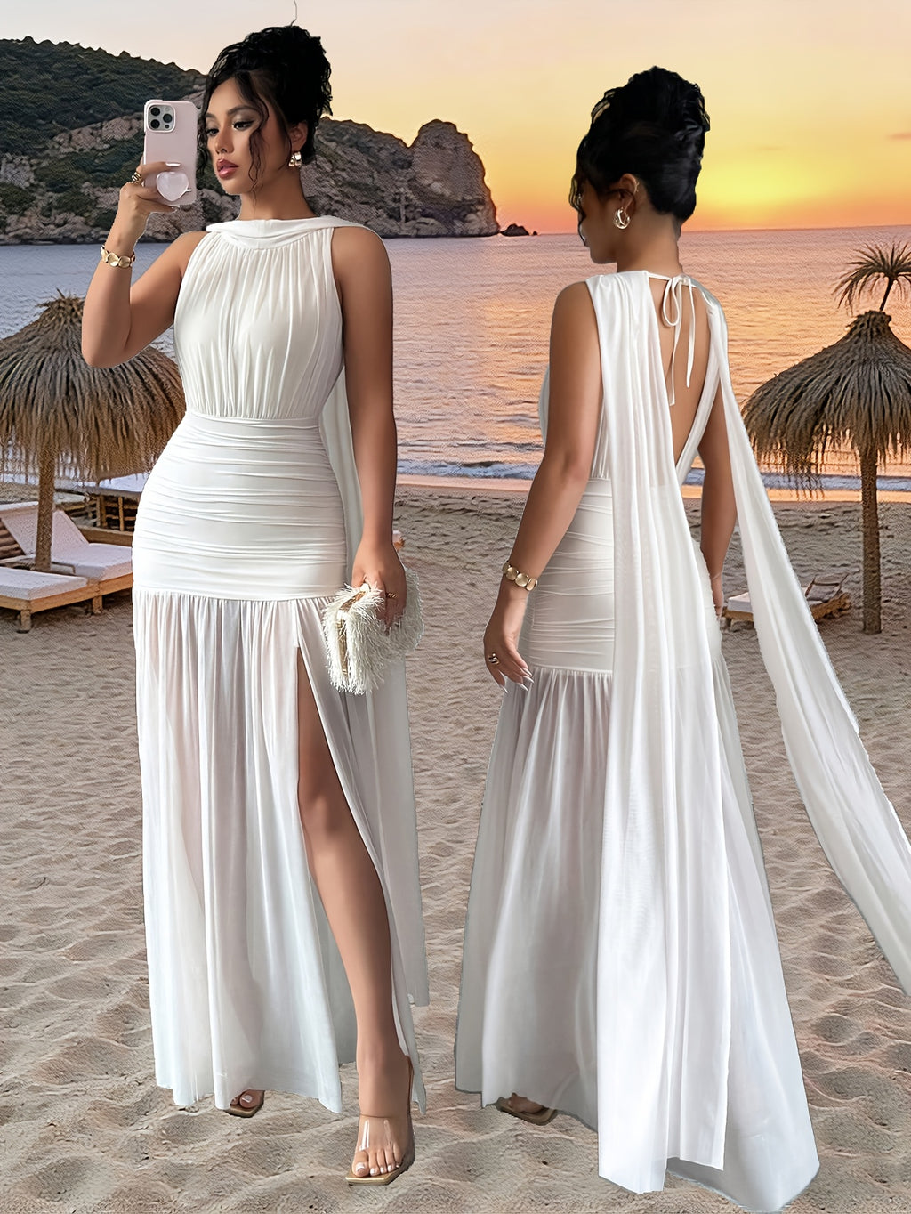 Women's Solid-color Minimalist Sleeveless Maxi Dress for Spring/summer, Suitable for New Year Outfits, Dates, Holidays, and Valentine's Day Wear - White