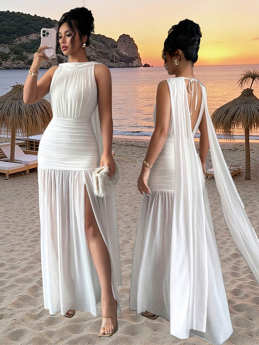 Women's Solid-color Minimalist Sleeveless Maxi Dress for Spring/summer, Suitable for New Year Outfits, Dates, Holidays, and Valentine's Day Wear - White