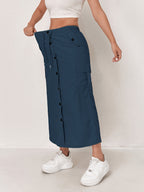 Outdoor Quick-Dry Cargo Skirt Button Design High-Waist Casual Women'S Half Skirt Multi-Pocket Machine Washable Mid-Length Dress - Navy Color