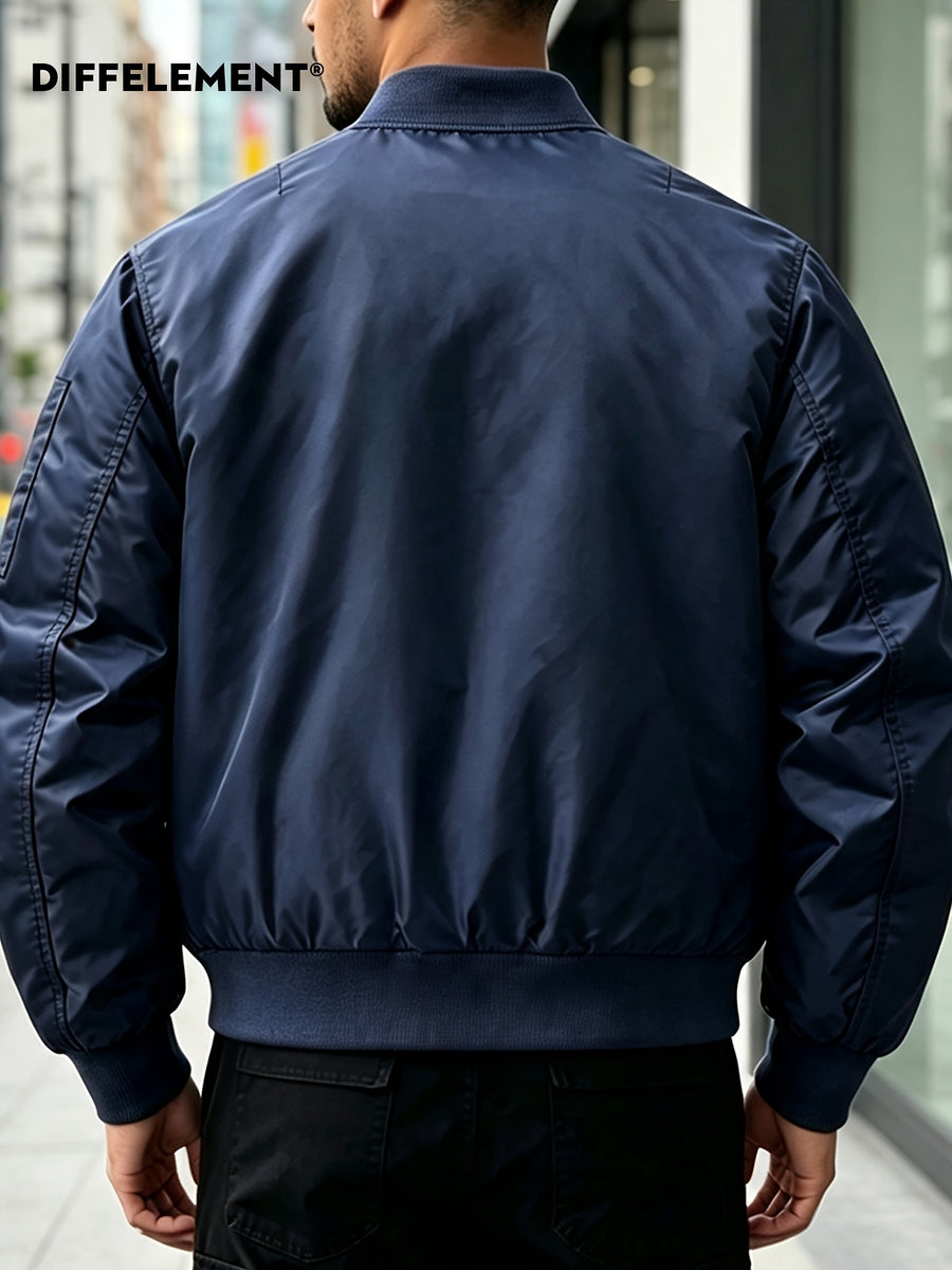 DIFFELEMENT Men's Baseball Collar Flight Jacket, Windproof, Wrinkle-Resistant, Wear-Resistant, Woven Fabric, Smooth Zipper Closure, Ribbed Cuffs and Hem, Sleeves with Pockets, Red Ribbon Accent, Loose Casual Fit, Suitable for Urban Commuting - Blue