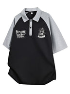 Men's Drop-Shoulder Sailboat Print Loose-Fit Street Style Short-Sleeve Polo T-Shirt, Youth Casual Top - Black