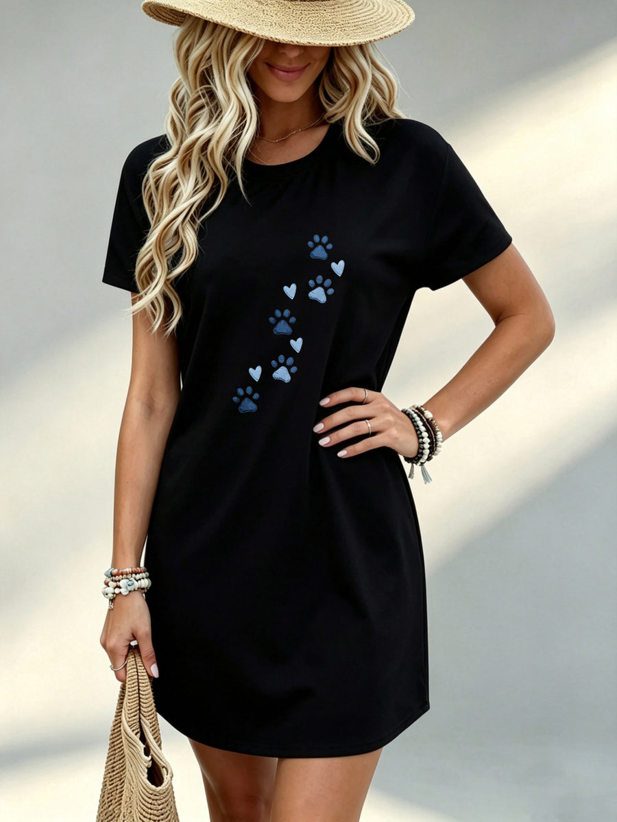 Printed Design - Not Textured, Casual Women Dress, Paw Print And Heart Pattern, Daily Wear, Gift for Pet Lovers, 100% Fiber - Black