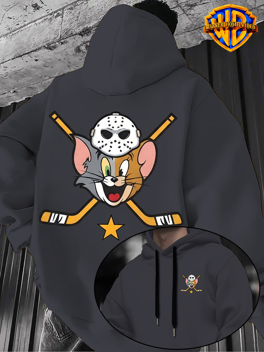 [Officially Licensed by Warner Bros] 1pc, American Retro League Badge Cartoon Character Creative Casual Hoodie - Men'S Fashion Sweatshirt with Double-Sided Print, Adjustable Drawstring Loose Comfortable Hoodie, Suitable for Daily And Outdoor Wear - Dark Gray