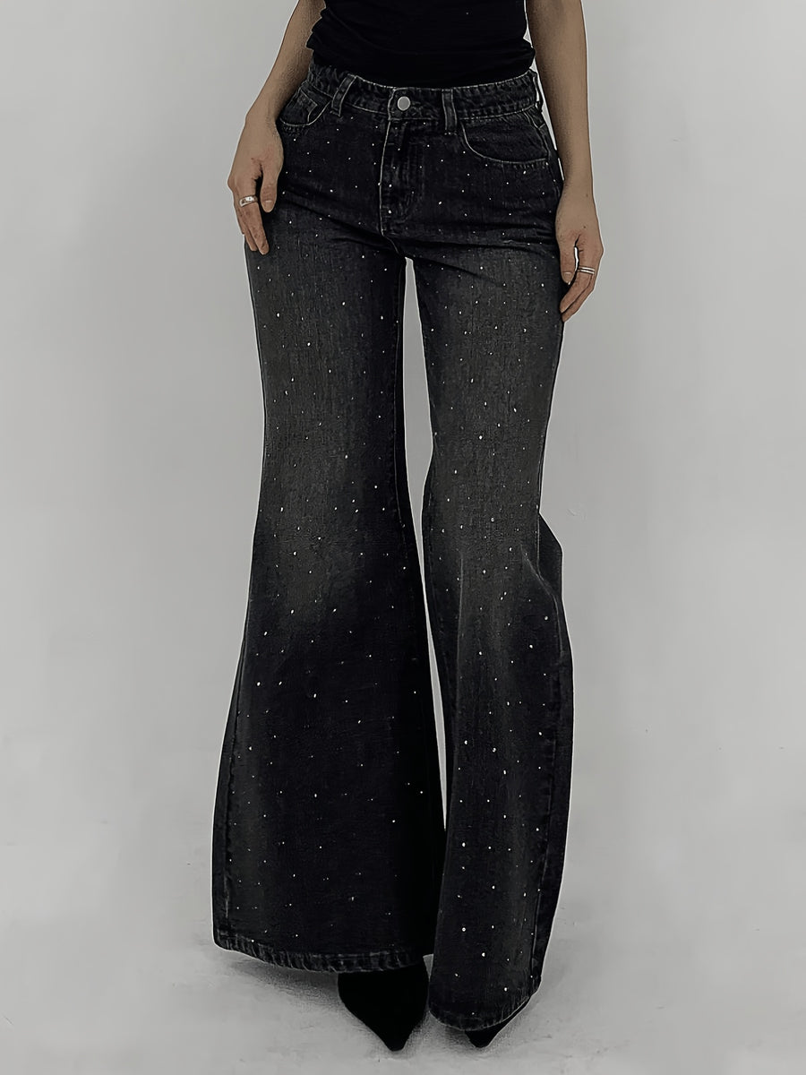 26AW Women'S Stretch Denim Jeans, Black Washed with Rhinestone Embellishment on Front Panel, Mid-Rise Slight Flared Fit, And Leg-Lengthening, Versatile Style - Black